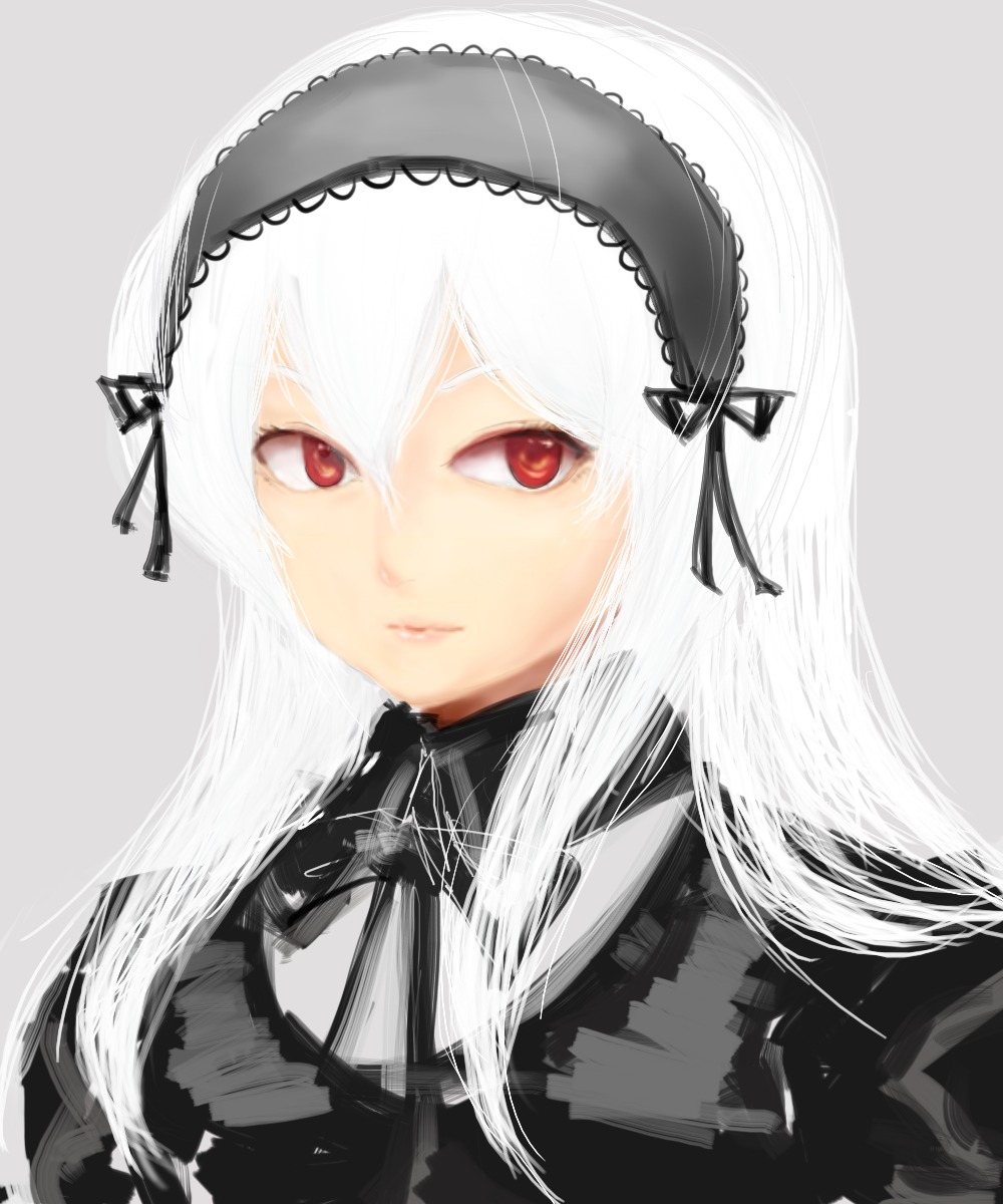 1girl bangs black_dress black_ribbon closed_mouth dress frills grey_background hair_between_eyes hairband image long_hair looking_at_viewer puffy_sleeves red_eyes ribbon simple_background smile solo suigintou white_background white_hair