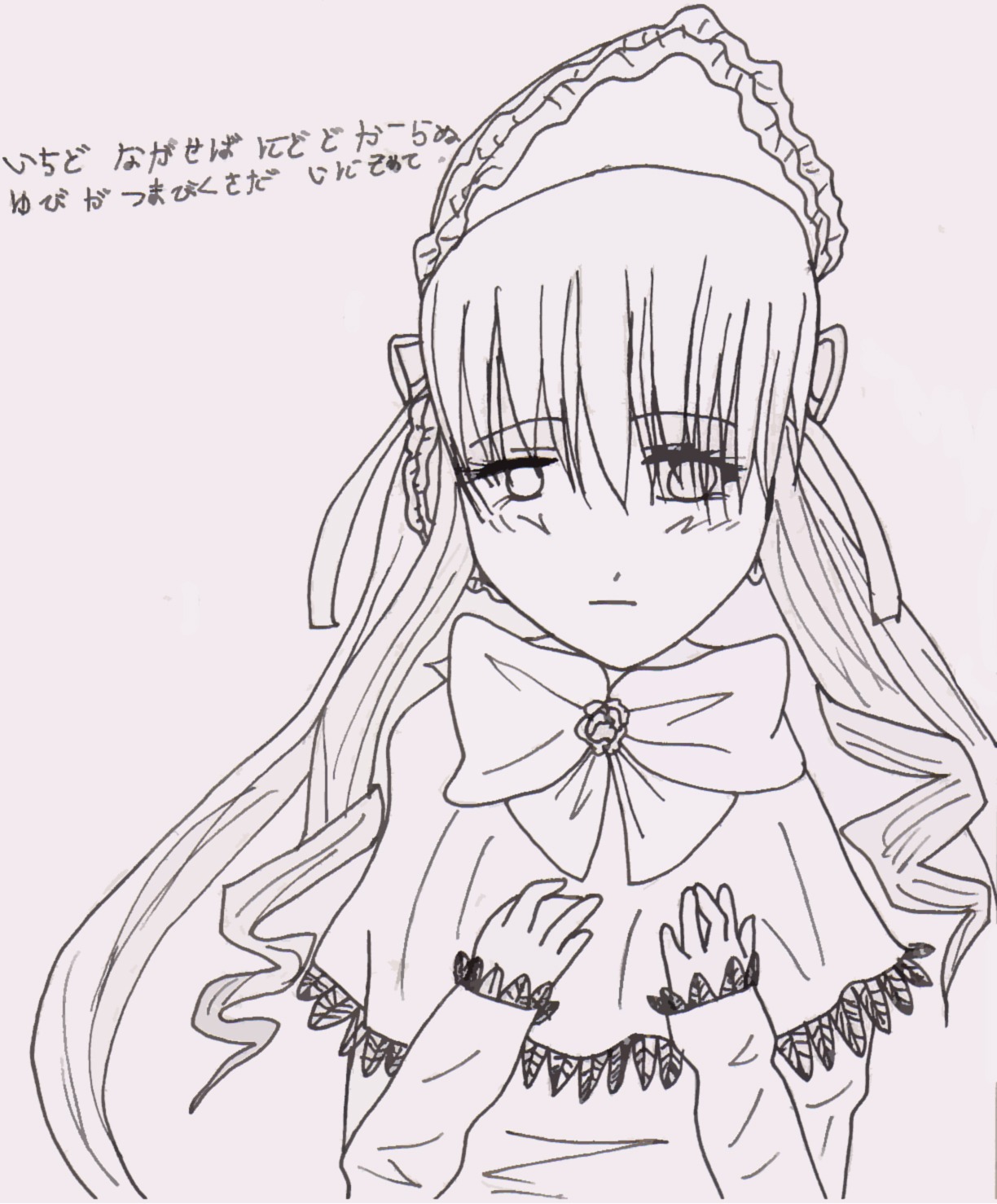 1girl auto_tagged blush bonnet bow bowtie closed_mouth dress drill_hair expressionless eyebrows_visible_through_hair frown hands_on_own_chest image long_hair long_sleeves looking_at_viewer monochrome shinku simple_background solo tears upper_body