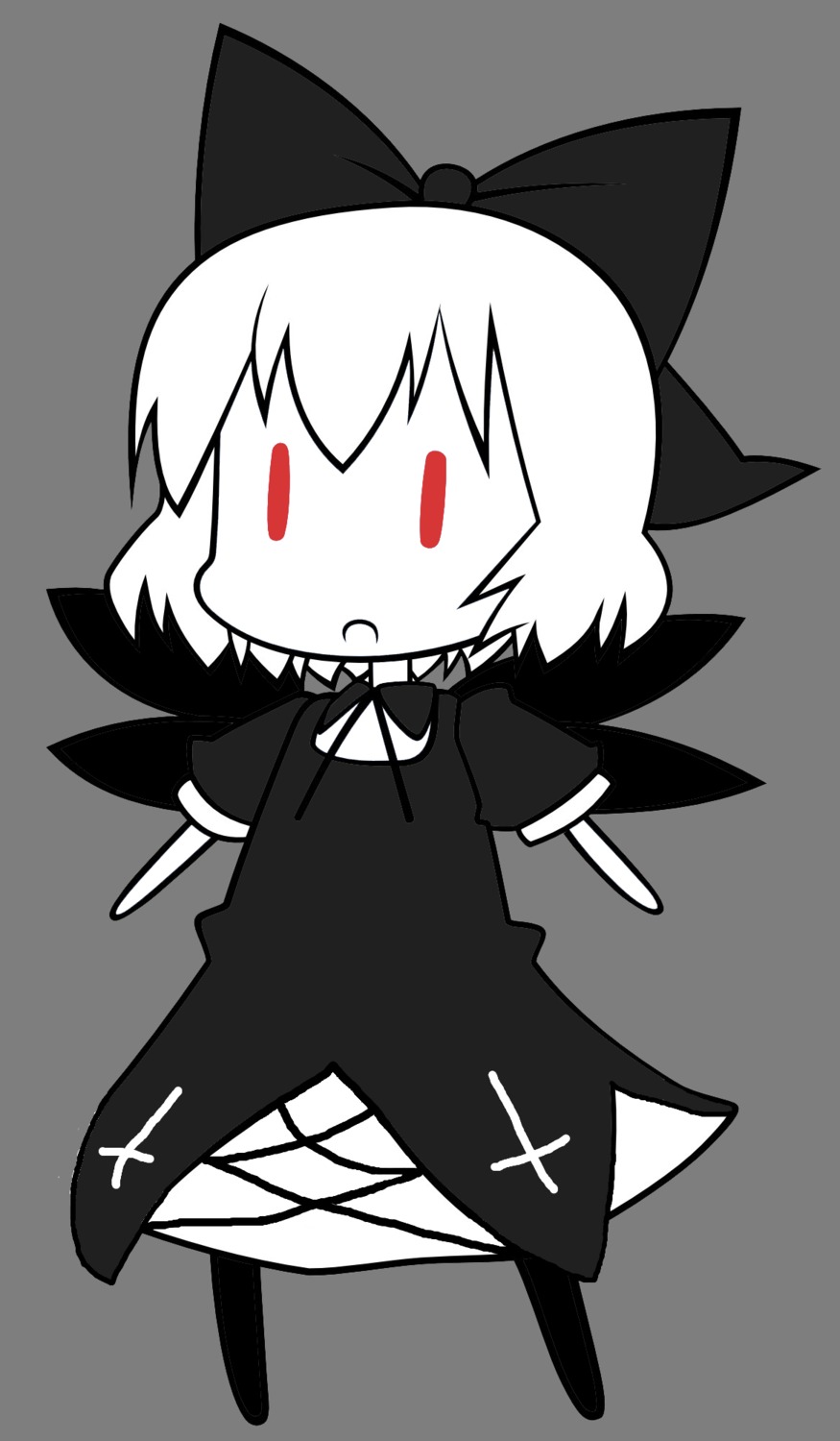 1girl blush bow chibi cirno dress hair_bow image monochrome short_hair short_sleeves simple_background solo striped suigintou wings |_|