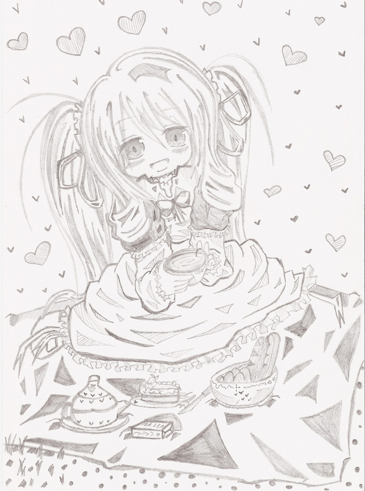 1girl :d dress food heart image long_hair monochrome musical_note open_mouth shinku sitting smile solo