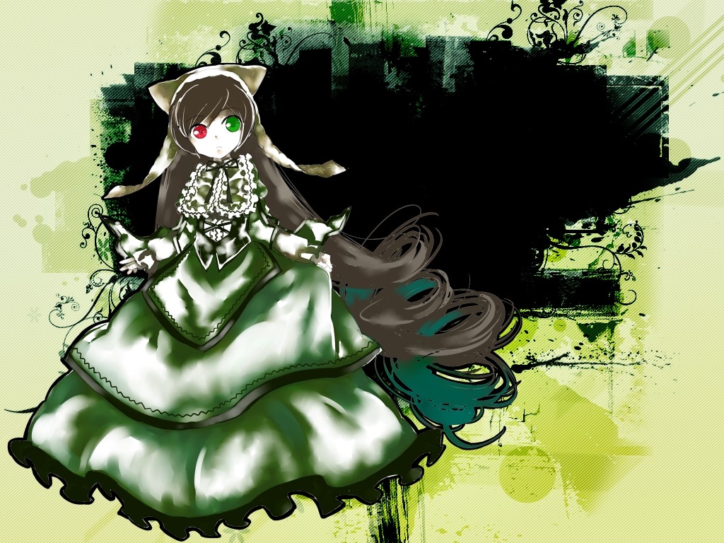 1girl brown_hair dress flower frills green_dress green_eyes head_scarf heterochromia image long_hair long_sleeves looking_at_viewer red_eyes solo standing suiseiseki twintails very_long_hair