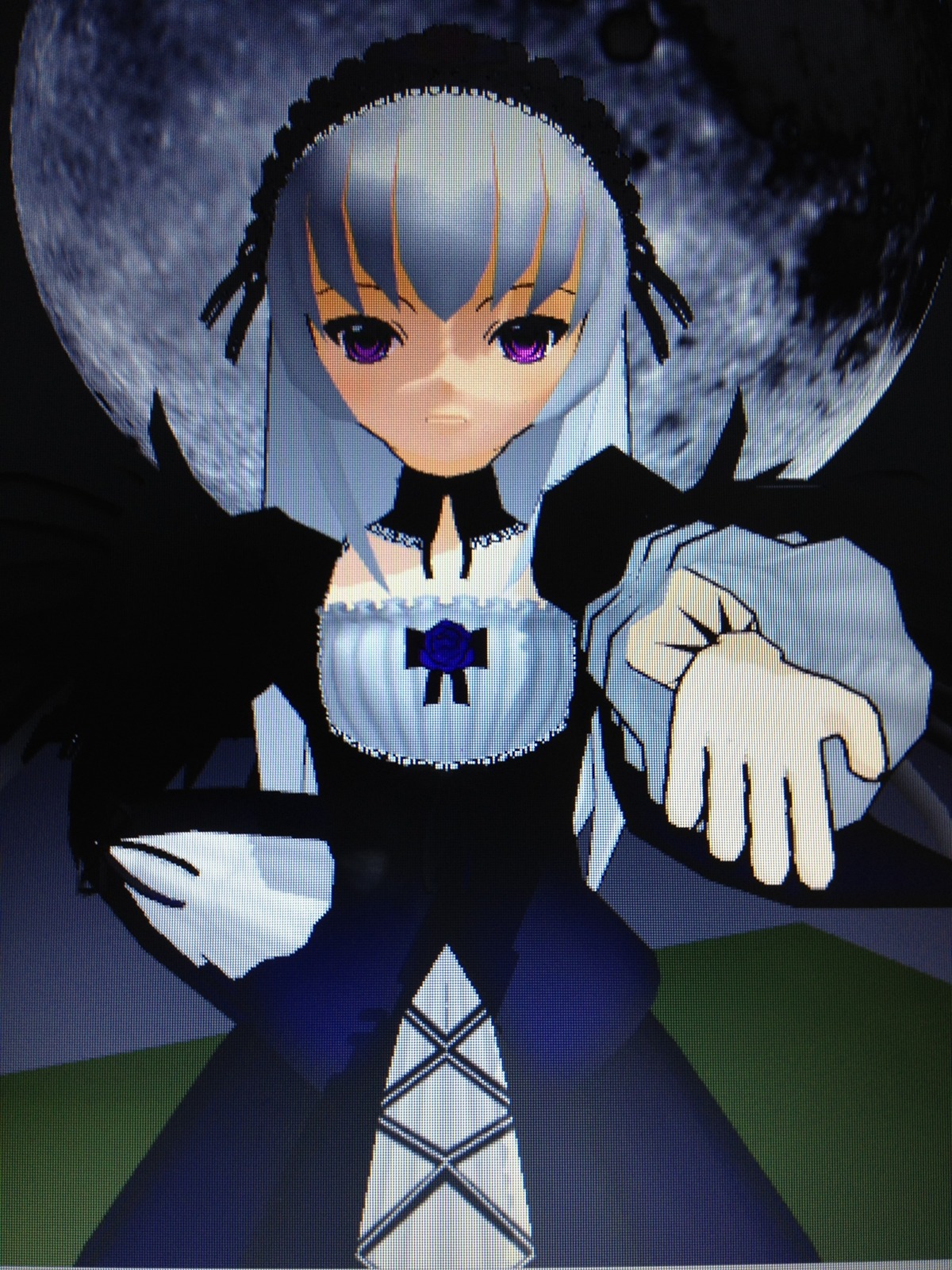 1girl black_dress black_wings dress expressionless flower frills full_moon hairband image lolita_hairband long_hair long_sleeves looking_at_viewer moon purple_eyes rose silver_hair solo suigintou wings