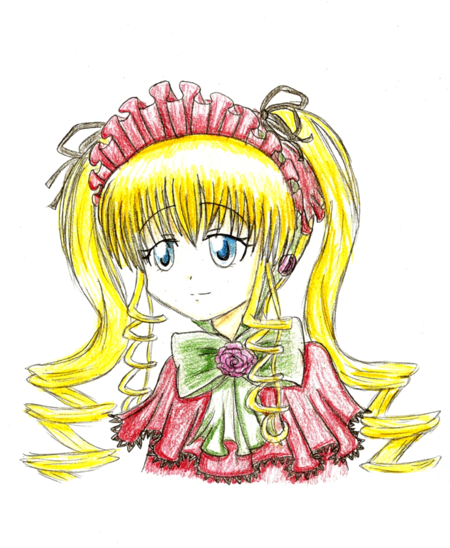 1girl blonde_hair blue_eyes bow bowtie drill_hair flower image long_hair looking_at_viewer rose shinku simple_background smile solo traditional_media twin_drills twintails white_background
