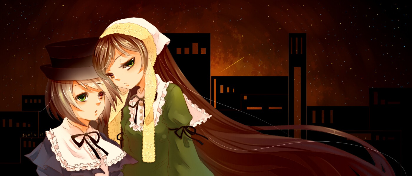 2girls brown_hair dress green_dress green_eyes hat image long_hair looking_at_viewer multiple_girls pair ribbon short_hair silver_hair sisters souseiseki suiseiseki very_long_hair