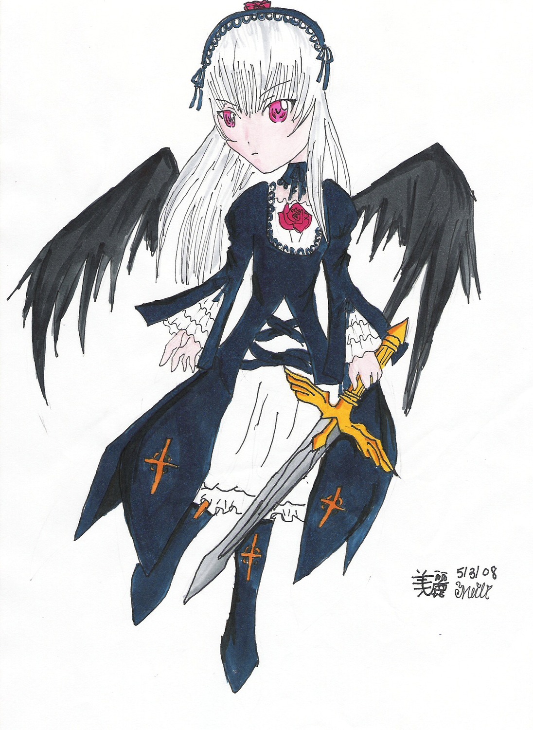 1girl black_wings boots cross dress feathered_wings feathers flower frills full_body hairband holding image long_hair long_sleeves looking_at_viewer pink_eyes puffy_sleeves rose solo suigintou weapon white_background wings