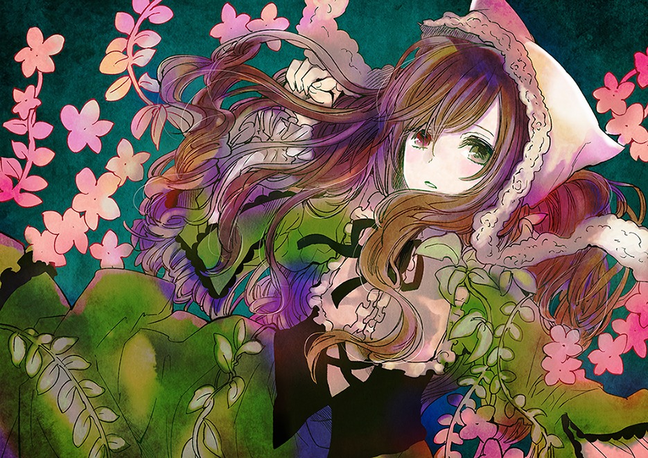 1girl abstract brown_hair commentary_request dress flower frills green_eyes heterochromia image japanese_clothes long_hair long_sleeves looking_at_viewer multicolored_hair plant red_eyes rozen_maiden solo suiseiseki wide_sleeves yokoyari_mengo