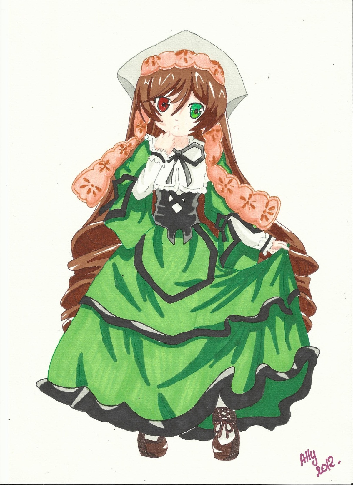 1girl brown_hair dress frills full_body green_dress green_eyes hat head_scarf heterochromia image long_hair long_sleeves looking_at_viewer pantyhose red_eyes solo suiseiseki very_long_hair