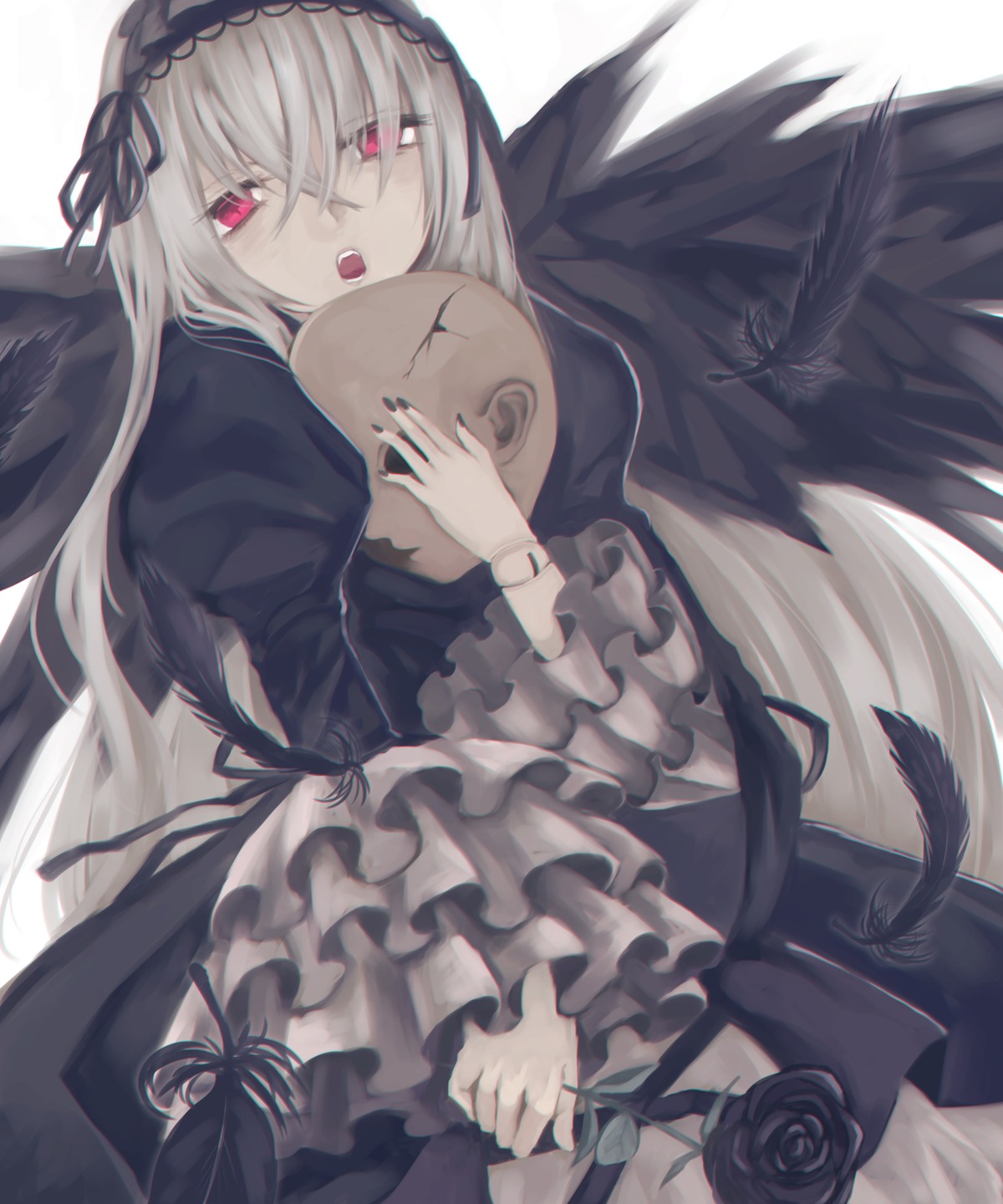 1girl black_dress black_wings dress feathered_wings feathers flower frilled_sleeves frills hairband holding image juliet_sleeves long_hair long_sleeves looking_at_viewer open_mouth pink_eyes red_eyes ribbon rose silver_hair solo suigintou very_long_hair wings