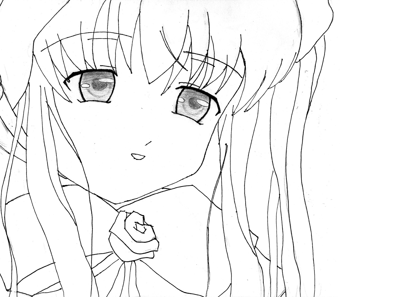 1girl bangs blush eyebrows_visible_through_hair flower greyscale hair_between_eyes image long_hair looking_at_viewer monochrome parted_lips rose shinku solo white_background