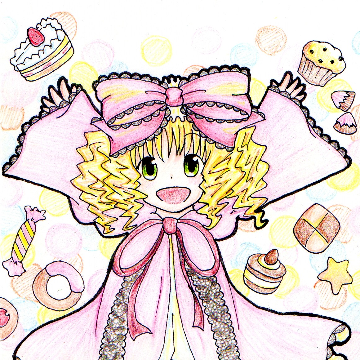 1girl :d blonde_hair bow cake cake_slice candy checkerboard_cookie cookie cupcake doughnut food fruit green_eyes hina_ichigo hinaichigo image macaron open_mouth pastry pink_bow pink_neckwear pink_ribbon ribbon short_hair smile solo star_(symbol) strawberry strawberry_shortcake sweets