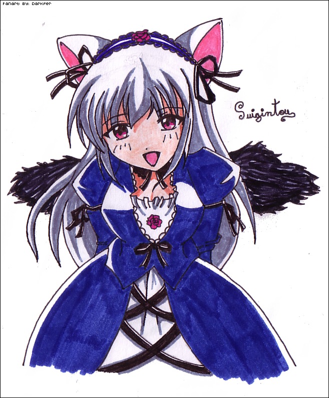 1girl animal_ears artist_name black_wings cat_ears dated dress fake_animal_ears hairband image long_hair long_sleeves looking_at_viewer open_mouth pink_eyes ribbon silver_hair simple_background smile solo suigintou traditional_media white_background wings
