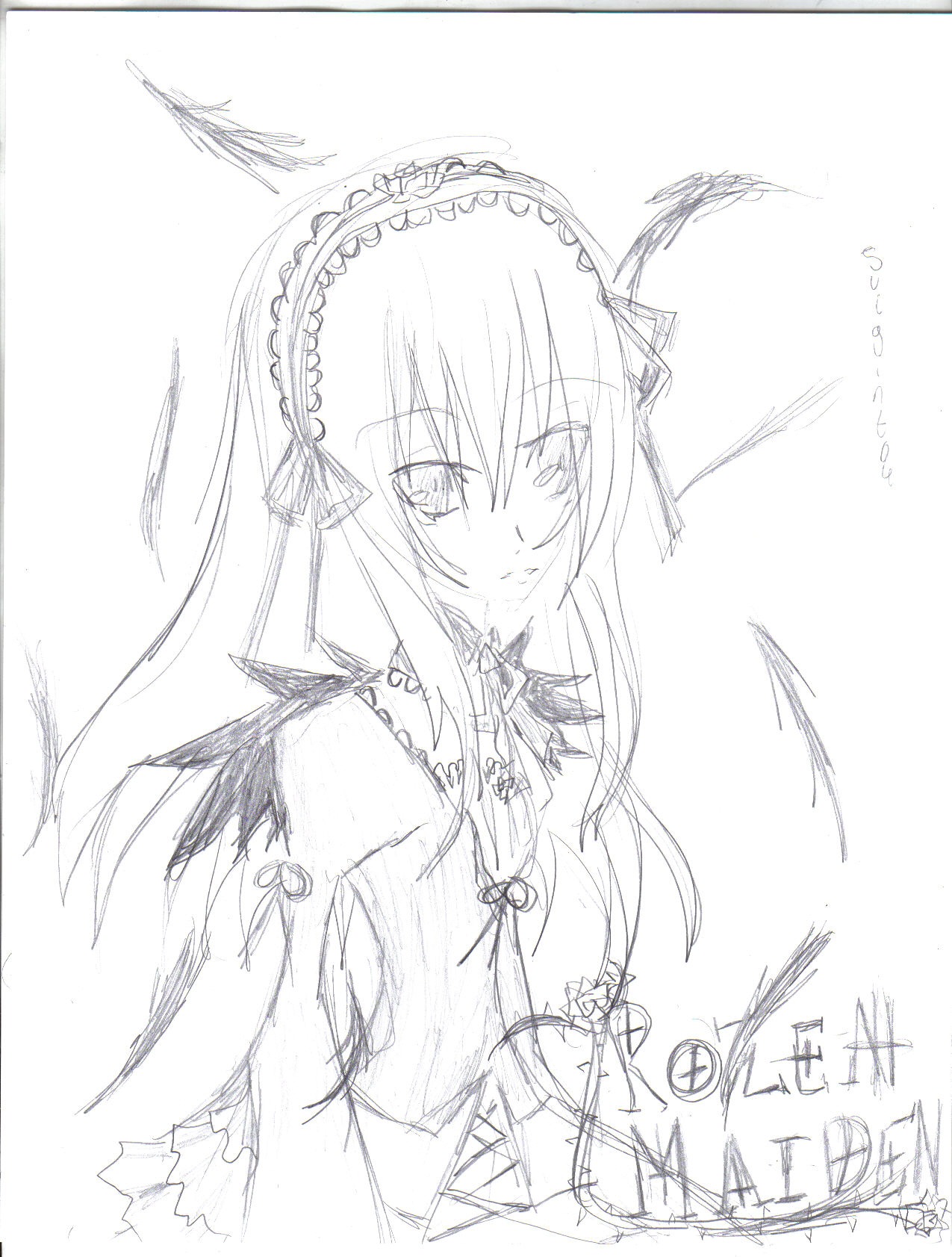 1girl closed_mouth dress frills greyscale hairband image long_hair long_sleeves looking_at_viewer monochrome simple_background sketch smile solo suigintou upper_body white_background wings
