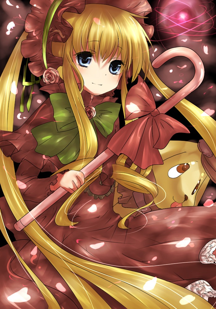 1girl auto_tagged blonde_hair blue_eyes bonnet bow bowtie cherry_blossoms dress flower image long_hair long_sleeves looking_at_viewer petals red_dress rose rose_petals shinku solo