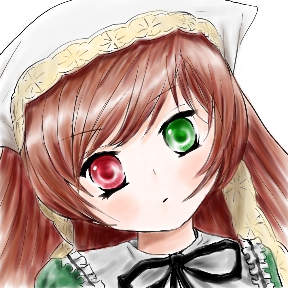 1girl blush braid brown_hair dress eyebrows_visible_through_hair frills green_eyes hat head_scarf image long_hair looking_at_viewer ribbon simple_background solo suiseiseki twin_braids veil