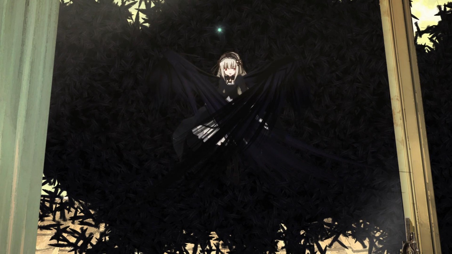 1girl bangs black_dress closed_eyes closed_mouth curtains dress flower image long_hair solo standing suigintou