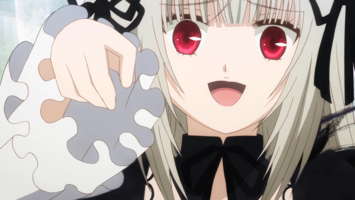 1girl :d bangs black_ribbon dress frills image long_hair long_sleeves looking_at_viewer open_mouth red_eyes ribbon smile solo suigintou