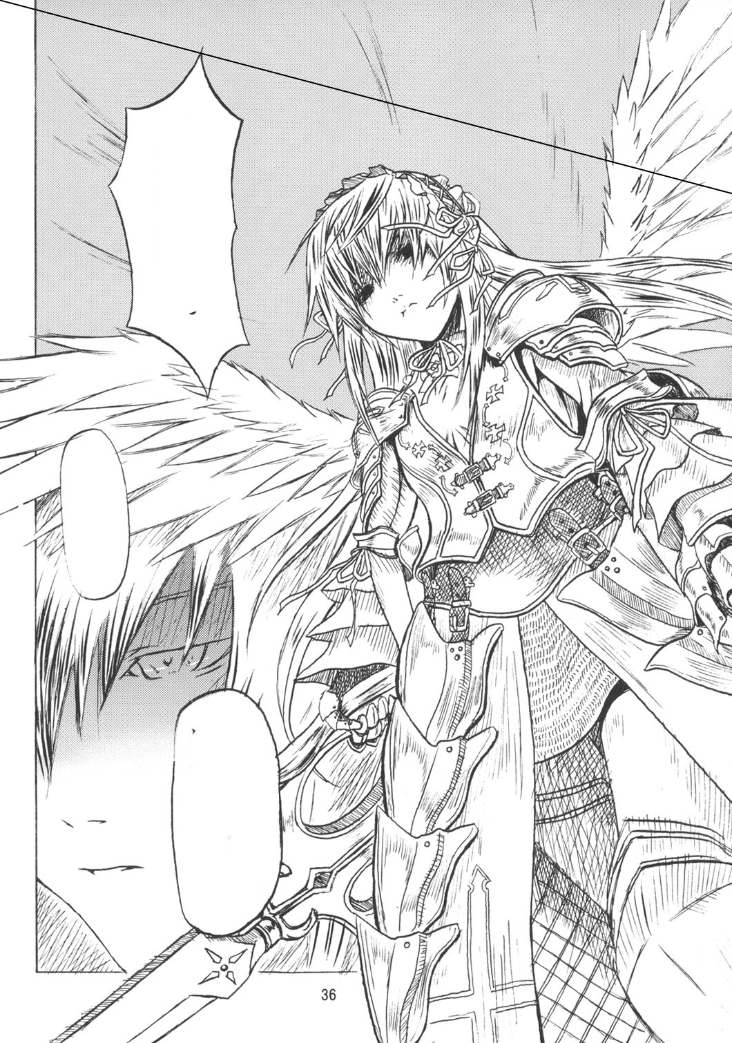 1girl angel_wings armor greyscale hairband halo image long_hair monochrome solo suigintou weapon wings