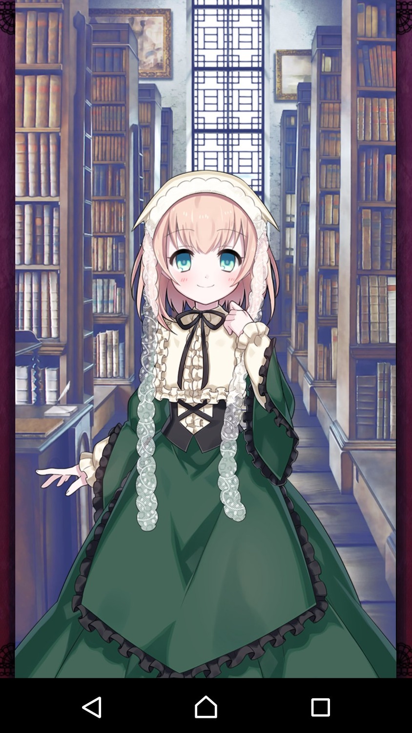 1girl bangs blush bookshelf dress eyebrows_visible_through_hair frills green_dress image long_sleeves looking_at_viewer ribbon smile solo standing suiseiseki