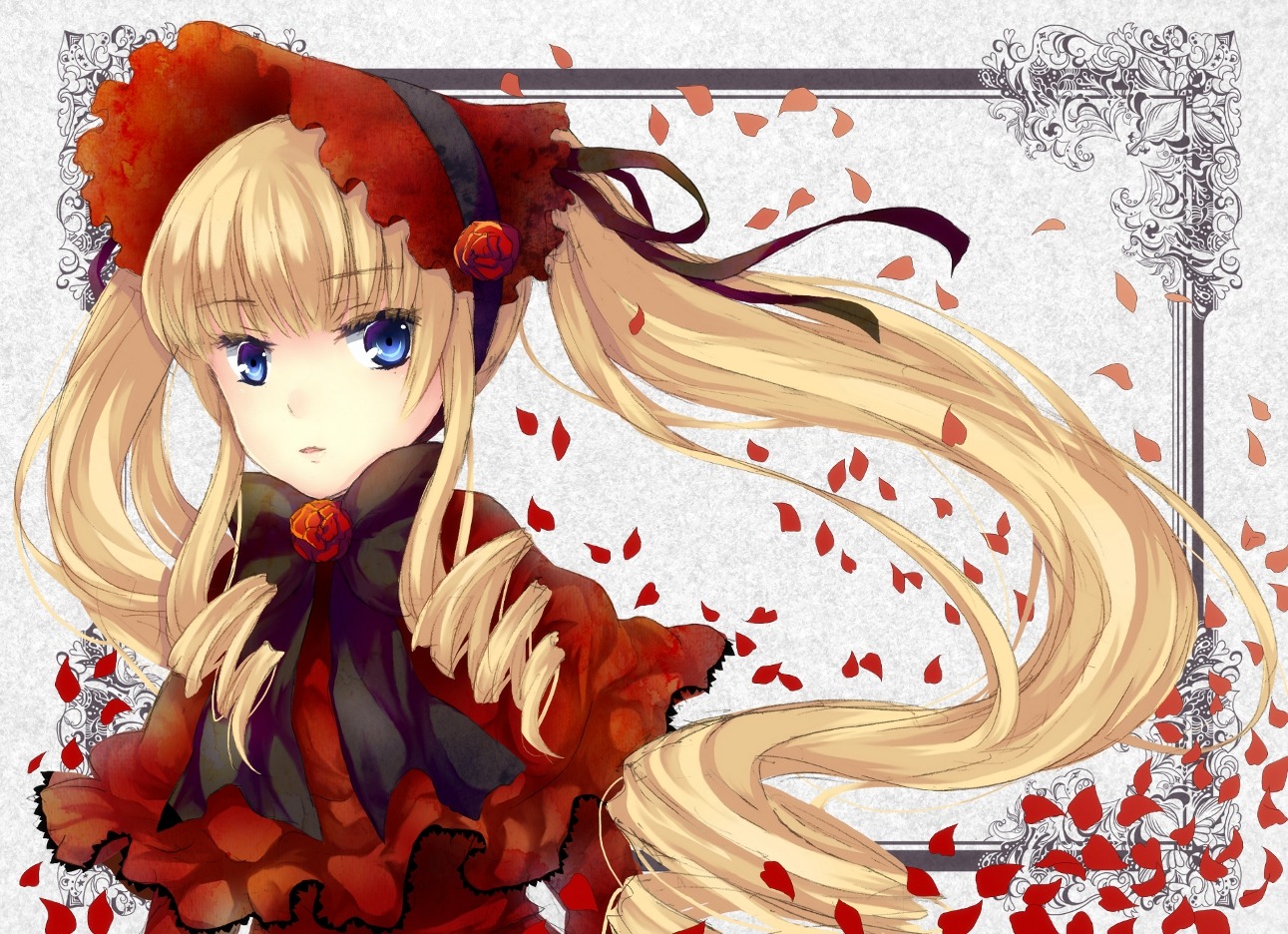 1girl blonde_hair blue_eyes bonnet bow drill_hair flower image long_hair looking_at_viewer petals red_flower red_rose rose rose_petals shinku solo twintails