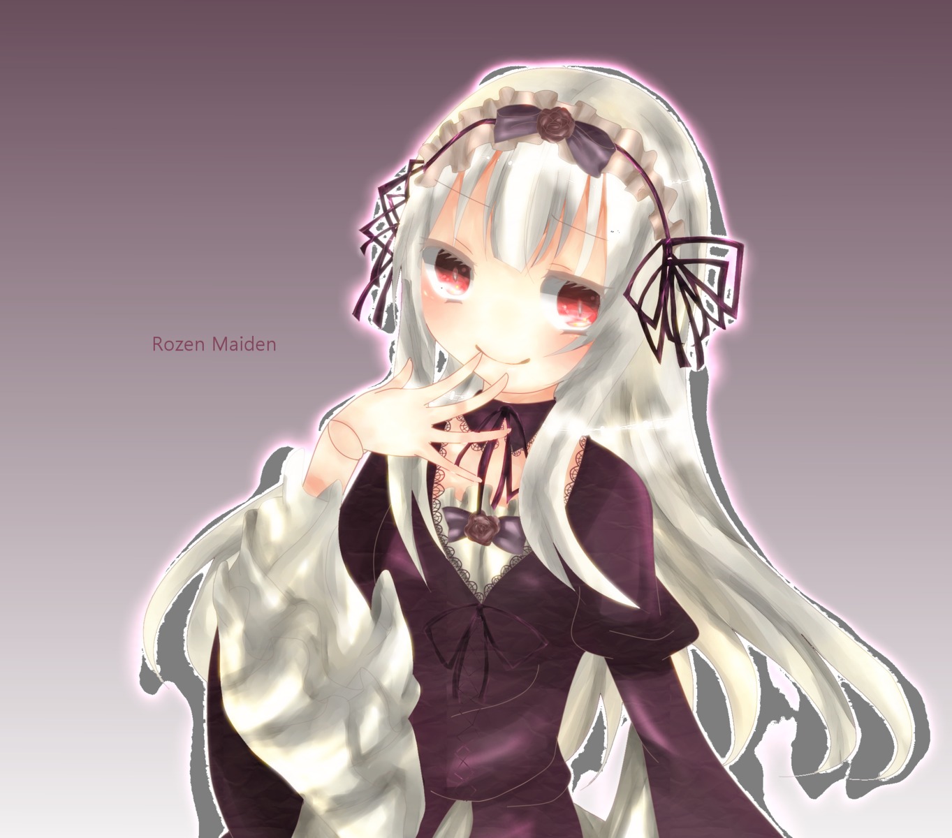 1girl bangs black_dress detached_collar dress frills gradient hairband image juliet_sleeves long_hair long_sleeves looking_at_viewer puffy_sleeves red_eyes ribbon silver_hair smile solo suigintou very_long_hair