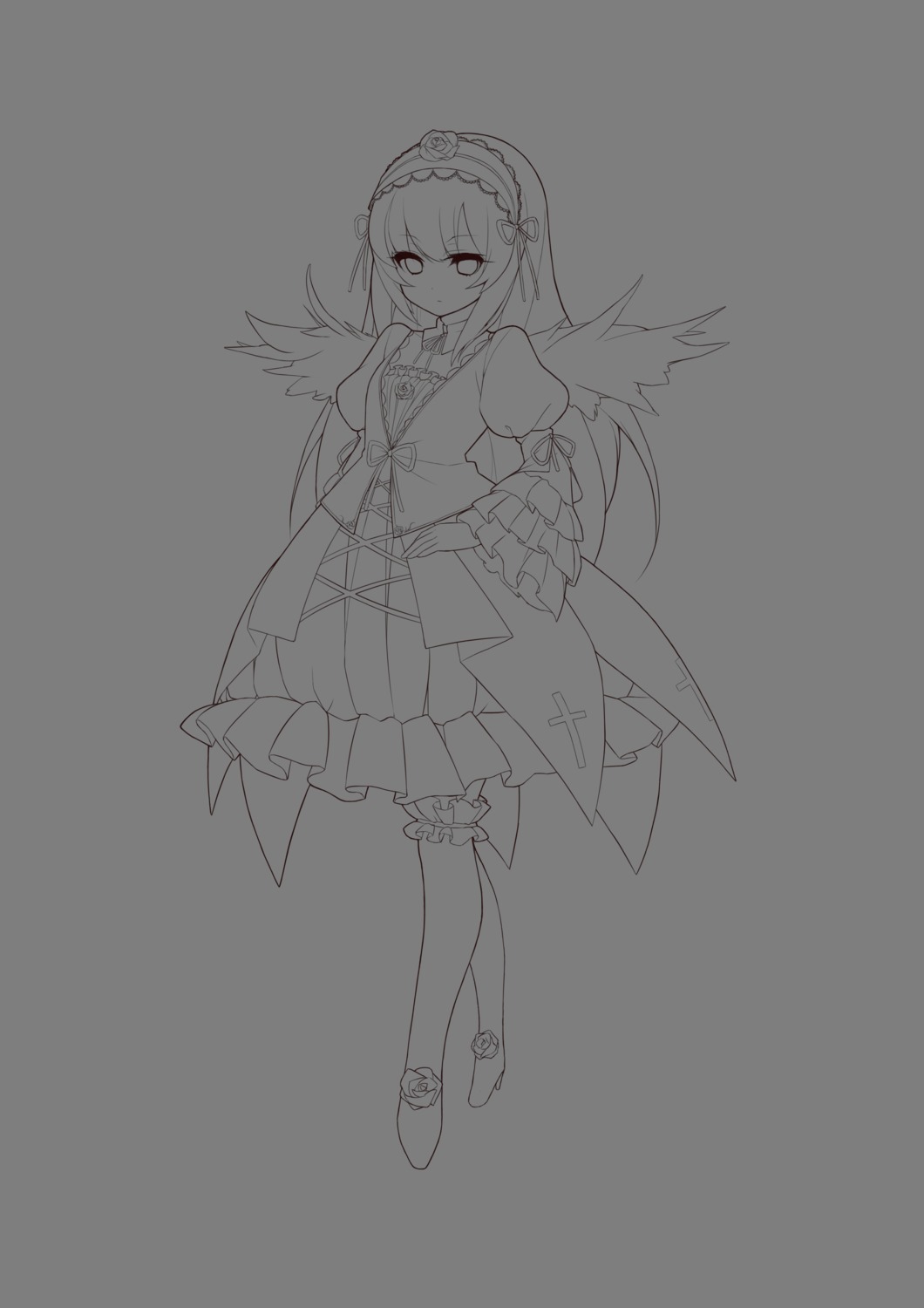 1girl closed_mouth dress eyebrows_visible_through_hair feathered_wings full_body greyscale hairband image long_hair long_sleeves looking_at_viewer monochrome ribbon solo standing suigintou transparent_background wings