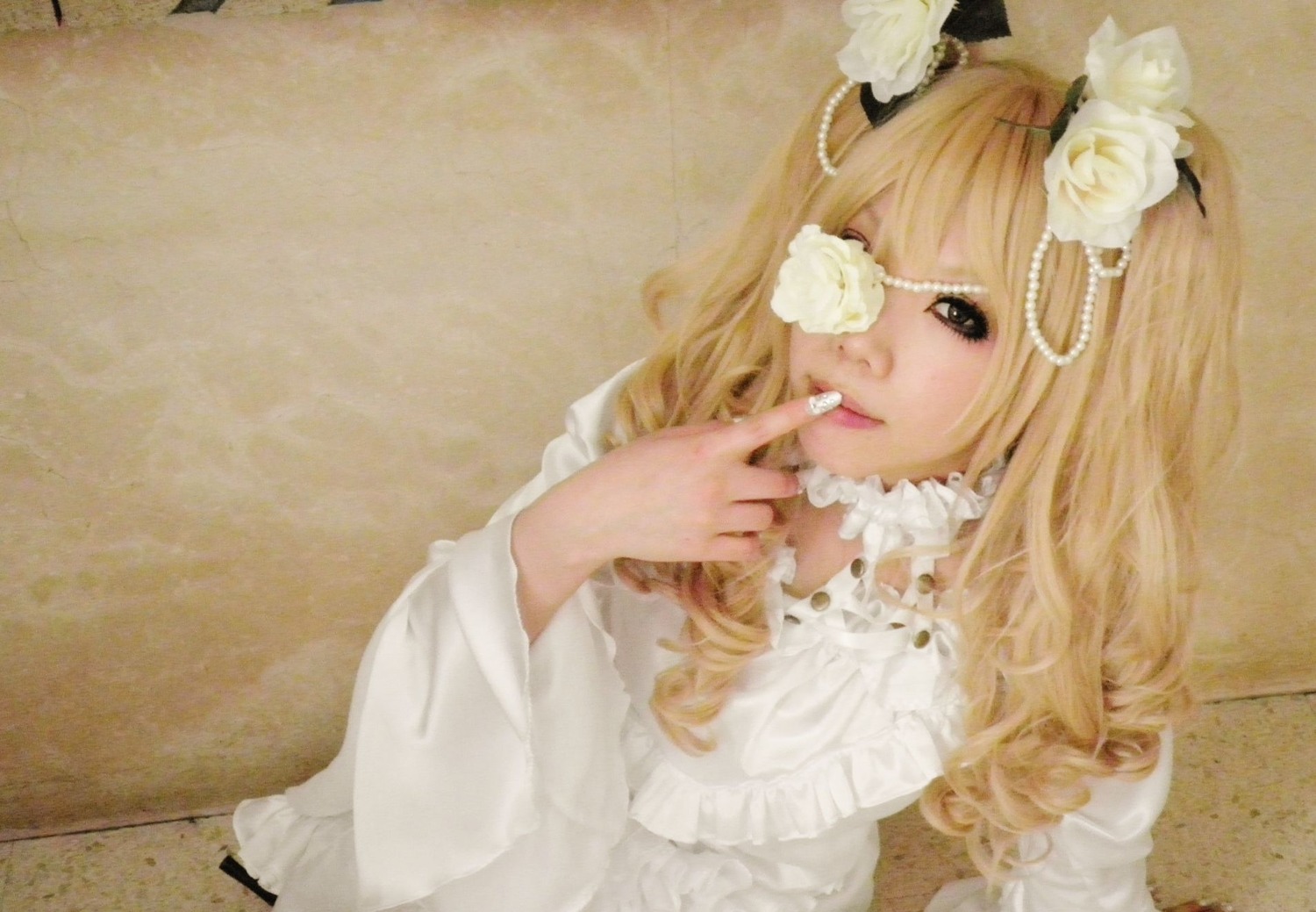 1girl bangs blonde_hair dress finger_to_mouth flower frills hair_flower hair_ornament kirakishou lace lips lolita_fashion long_hair long_sleeves rose solo upper_body white_dress white_flower white_rose