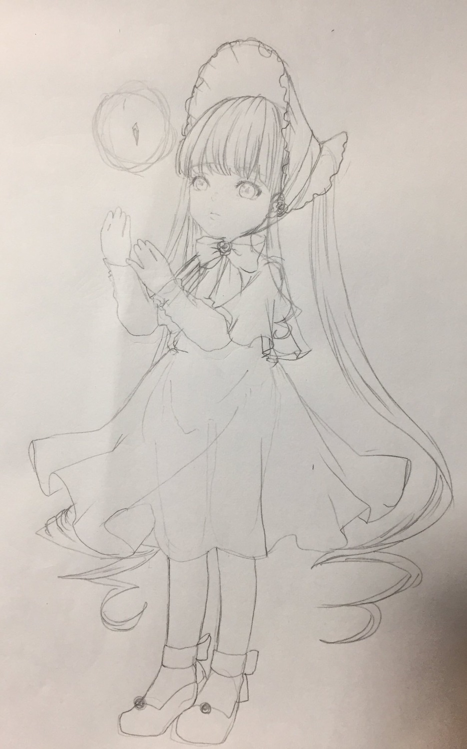 1girl bangs closed_mouth dress eyebrows_visible_through_hair full_body image long_hair long_sleeves looking_at_viewer monochrome shinku socks solo standing traditional_media twintails very_long_hair