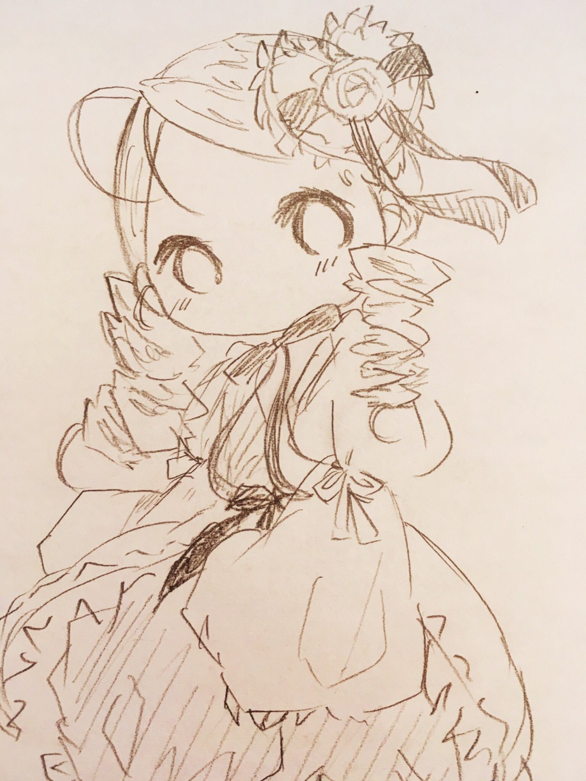 1girl blush drill_hair flower hair_flower hair_ornament image kanaria long_hair long_sleeves monochrome ringlets rose sleeves_past_fingers sleeves_past_wrists solo striped traditional_media twin_drills wide_sleeves