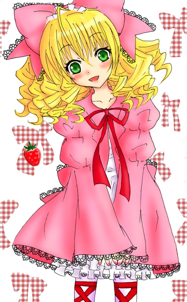 1girl :d blonde_hair blush bow dress drill_hair food frills fruit green_eyes hair_bow hina_ichigo hinaichigo image juliet_sleeves long_sleeves looking_at_viewer open_mouth pantyhose pink_bow pink_dress puffy_sleeves smile solo standing strawberry