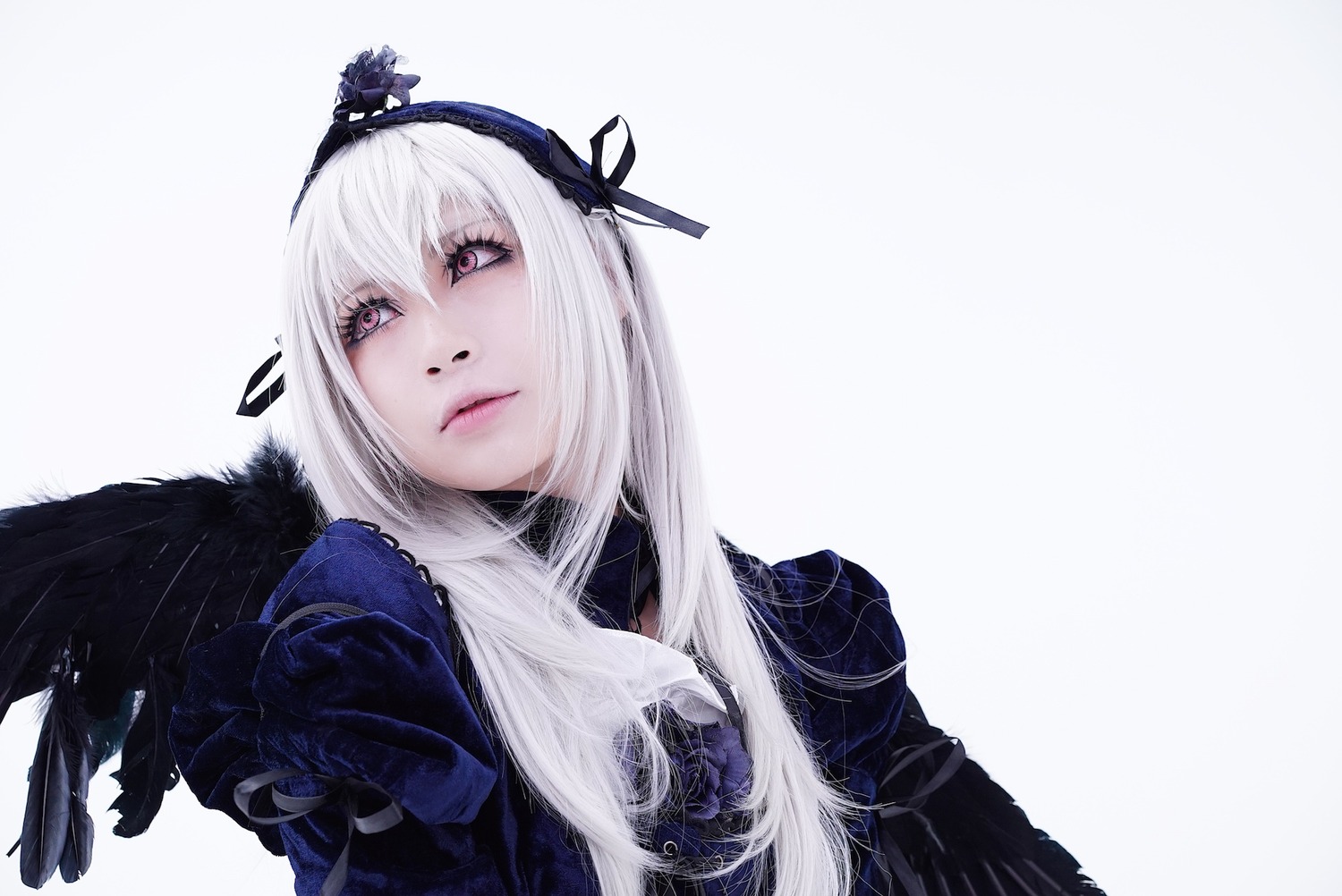 1girl bangs black_wings feathered_wings gloves lips long_hair looking_at_viewer solo striped suigintou wings