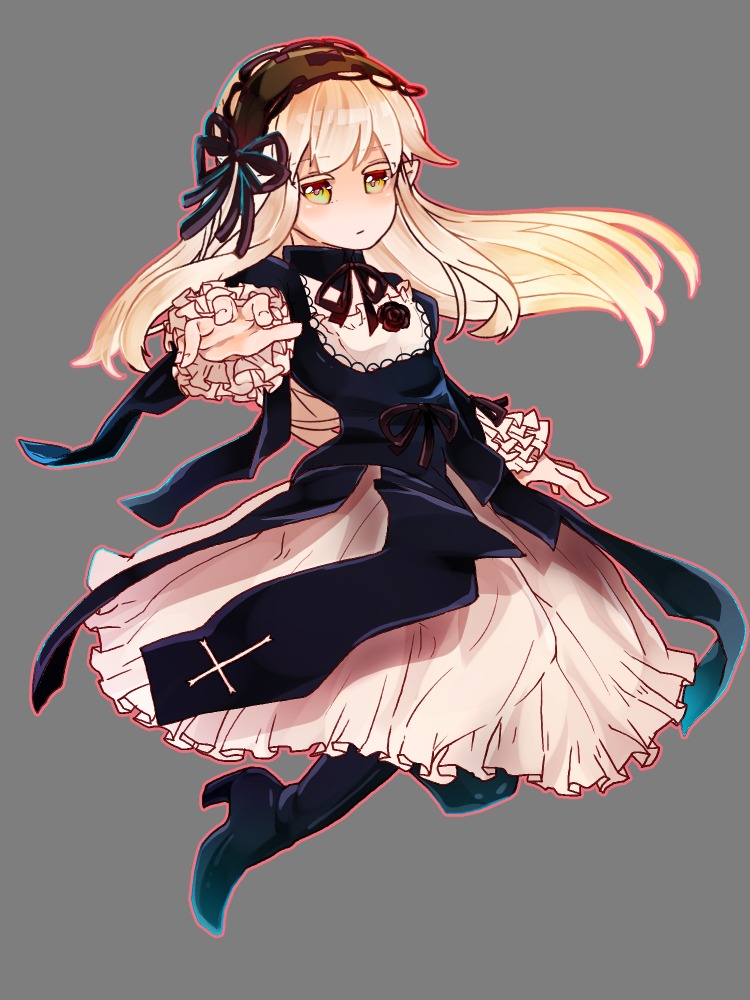 1girl bangs black_footwear black_ribbon blonde_hair blush boots closed_mouth dress eyebrows_visible_through_hair frills full_body hairband high_heel_boots high_heels image long_hair long_sleeves looking_at_viewer ribbon solo striped suigintou white_background yellow_eyes