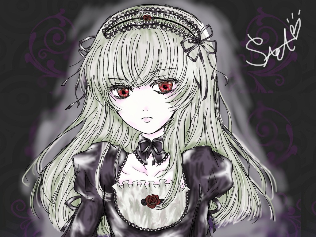 1girl black_dress detached_collar doll_joints dress flower hairband image joints juliet_sleeves lolita_fashion long_hair long_sleeves looking_at_viewer puffy_sleeves red_eyes ribbon rose silver_hair solo suigintou upper_body