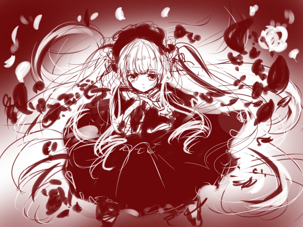 1girl capelet dress eyebrows_visible_through_hair floating_hair flower image lolita_fashion long_hair long_sleeves looking_at_viewer monochrome petals shinku solo twintails very_long_hair