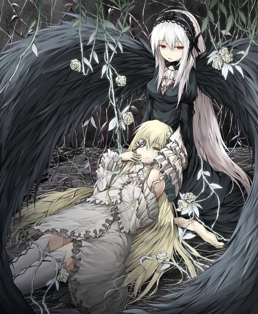 2girls auto_tagged bad_id bad_pixiv_id black_dress black_wings blonde_hair dress feathers flower frills hairband highres image juliet_sleeves kirakishou lolita_fashion lolita_hairband long_hair long_sleeves looking_at_viewer lying_on_lap multiple_girls pair plant puffy_sleeves red_eyes rose rozen_maiden seiza silver_hair sitting smile solru suigintou thighhighs very_long_hair vines white_dress white_flower white_legwear white_rose wide_sleeves wings yellow_eyes zettai_ryouiki