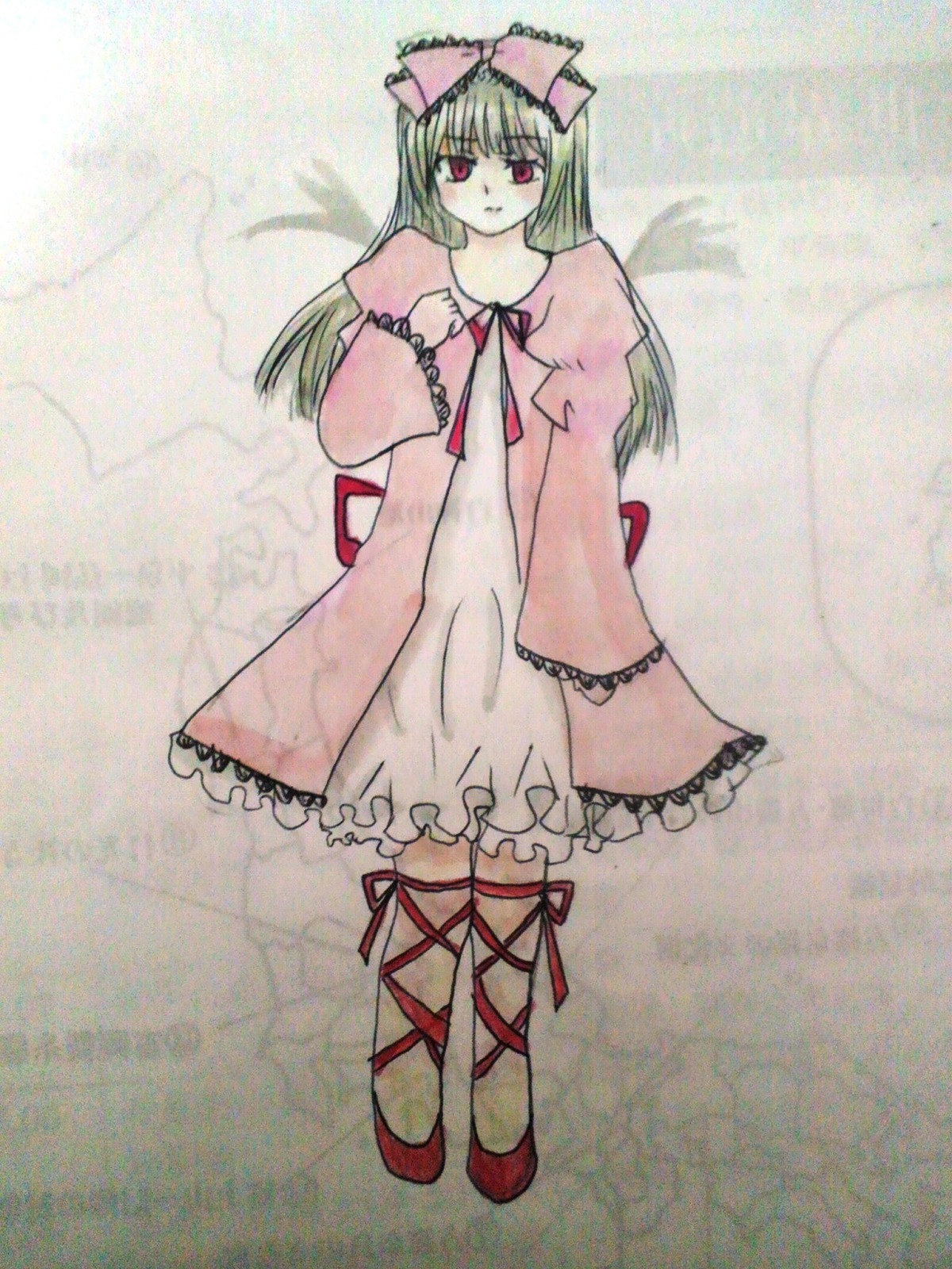 1girl blush bow costume_switch dress frills full_body hair_bow image long_hair long_sleeves looking_at_viewer pink_bow red_eyes red_footwear ribbon shoes solo standing