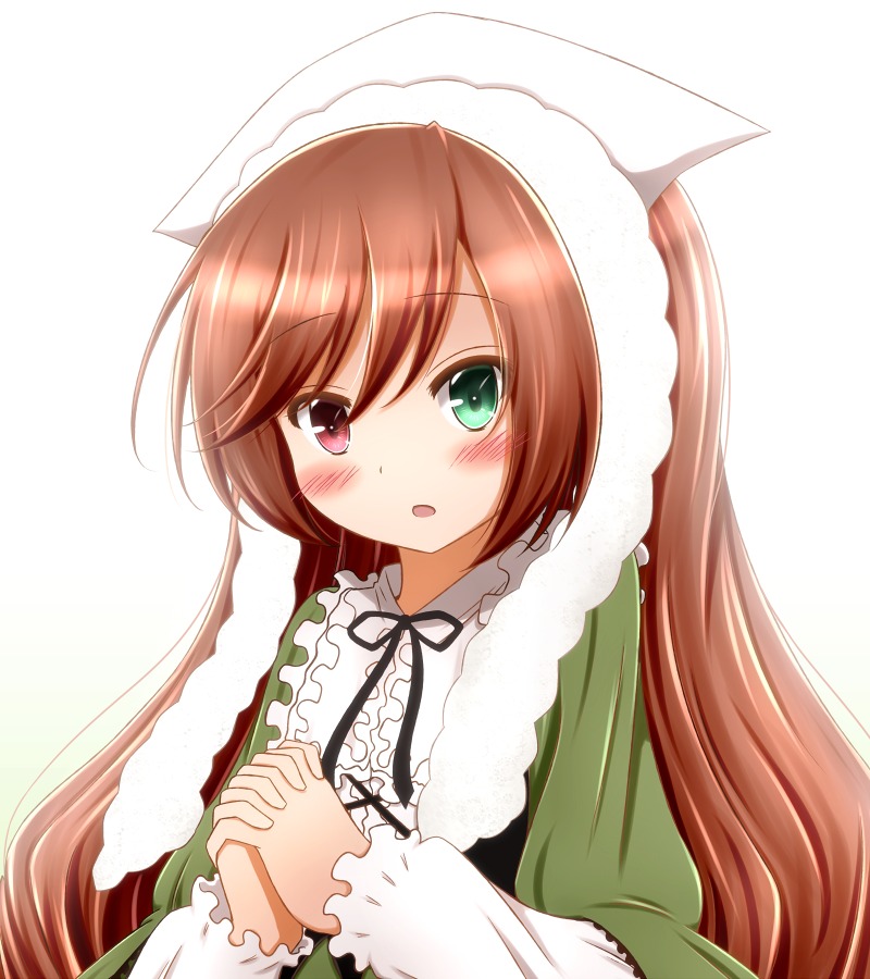 1girl :o black_ribbon blush brown_hair dress frills green_dress green_eyes hands_clasped hands_together heterochromia image interlocked_fingers long_hair long_sleeves looking_at_viewer open_mouth own_hands_together red_eyes ribbon solo striped striped_background suiseiseki vertical_stripes very_long_hair white_background