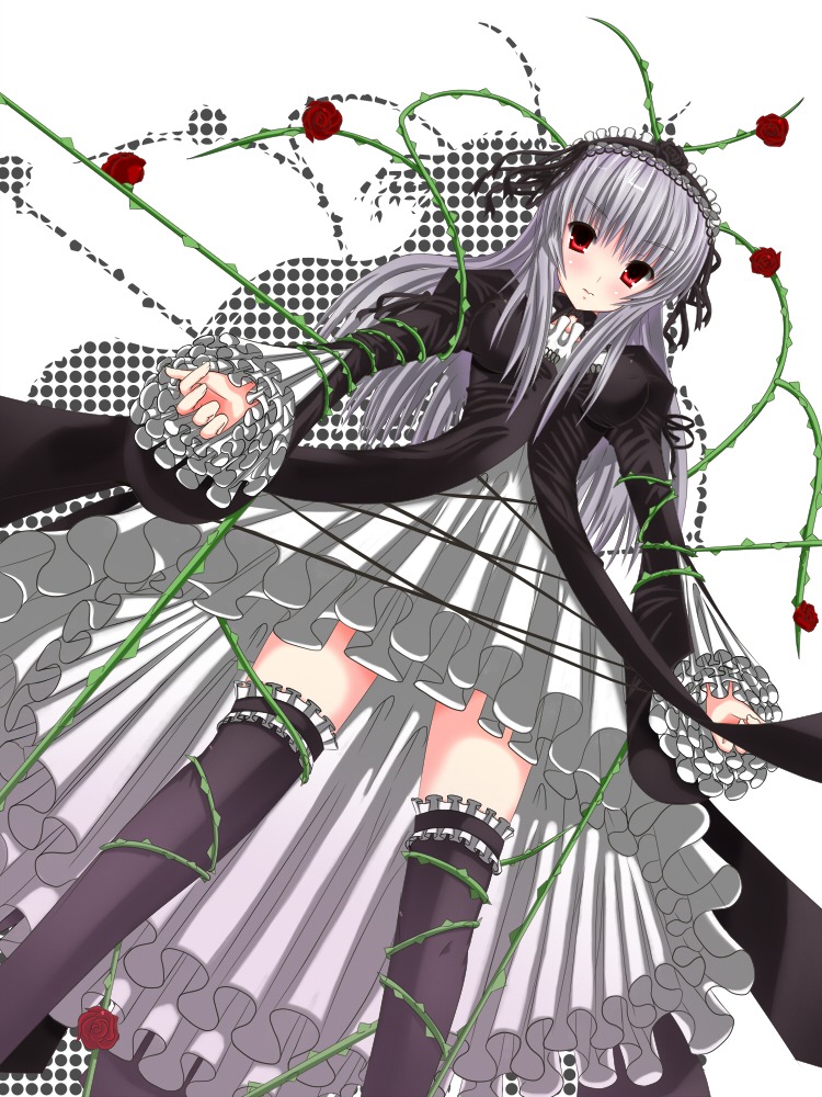 1girl black_legwear blush dress flower frills hairband image lolita_fashion long_hair long_sleeves looking_at_viewer red_eyes red_flower red_rose rose silver_hair solo suigintou thighhighs thorns vines weapon