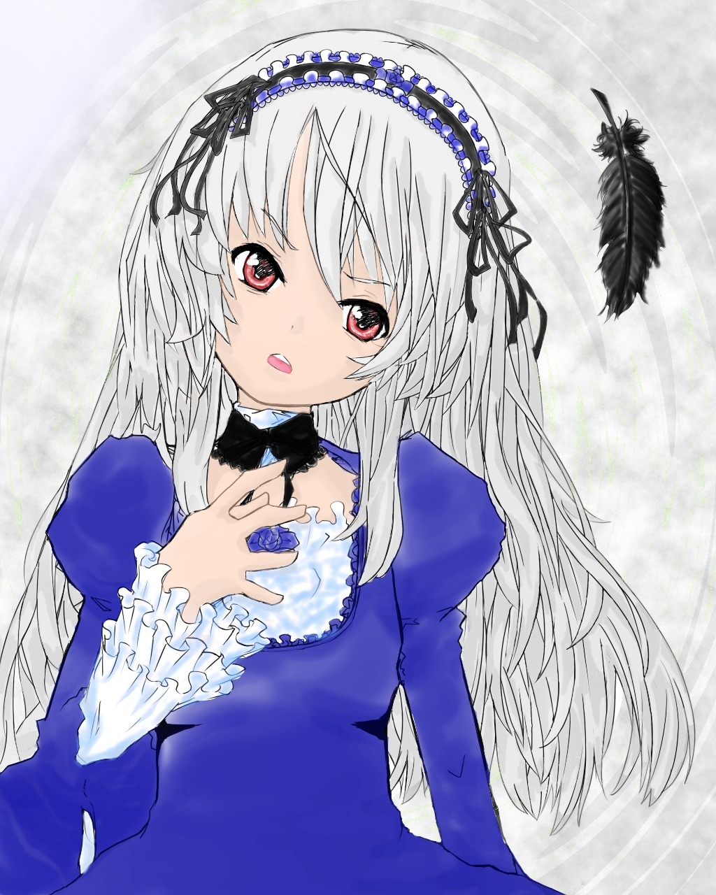 1girl black_wings dress feathers frills hairband image juliet_sleeves long_hair long_sleeves looking_at_viewer open_mouth puffy_sleeves red_eyes ribbon silver_hair solo suigintou upper_body wings