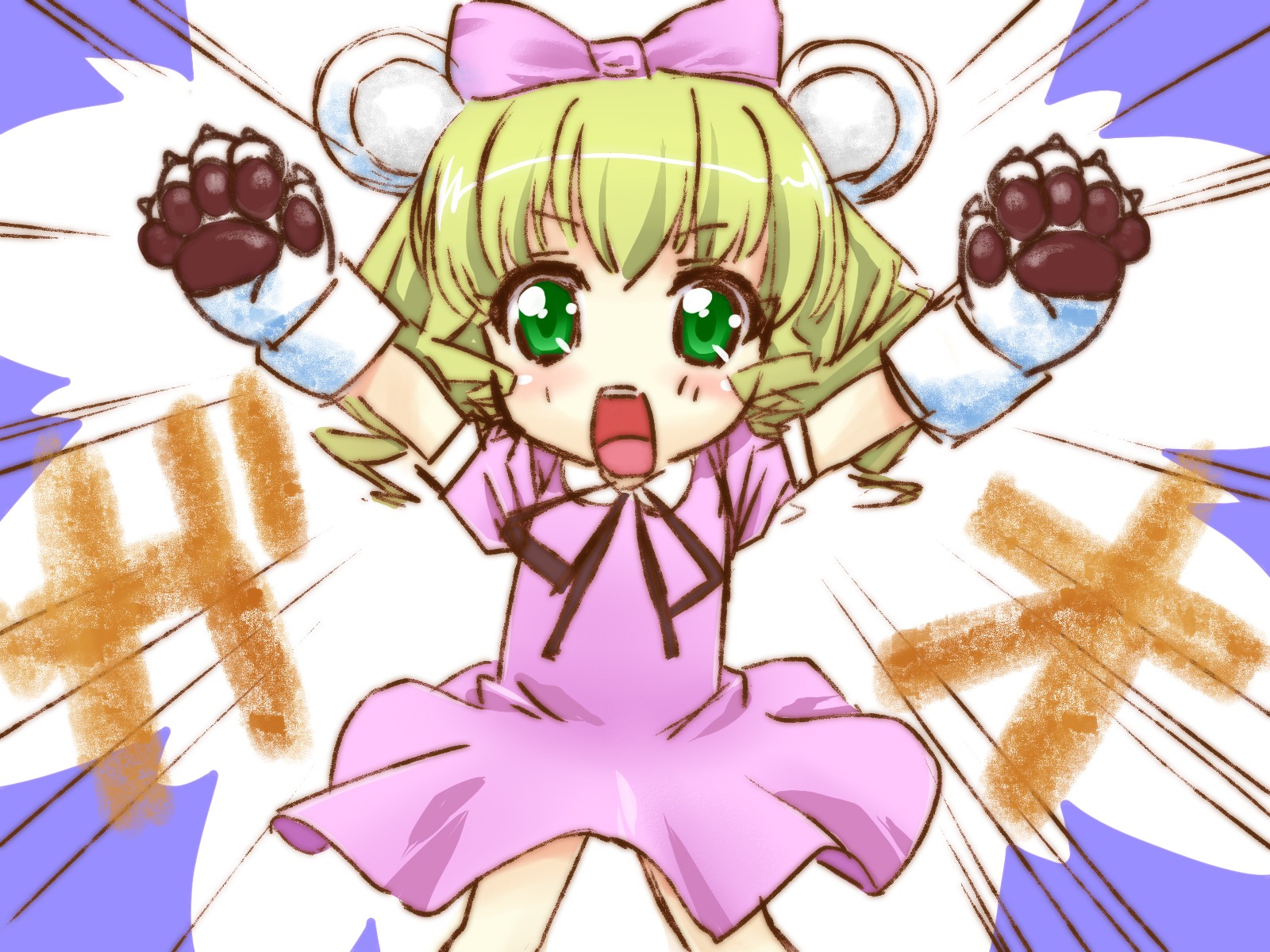 1girl animal_ears blonde_hair bow dress food green_eyes hair_bow hinaichigo image open_mouth paw_gloves paws pink_bow short_hair smile solo