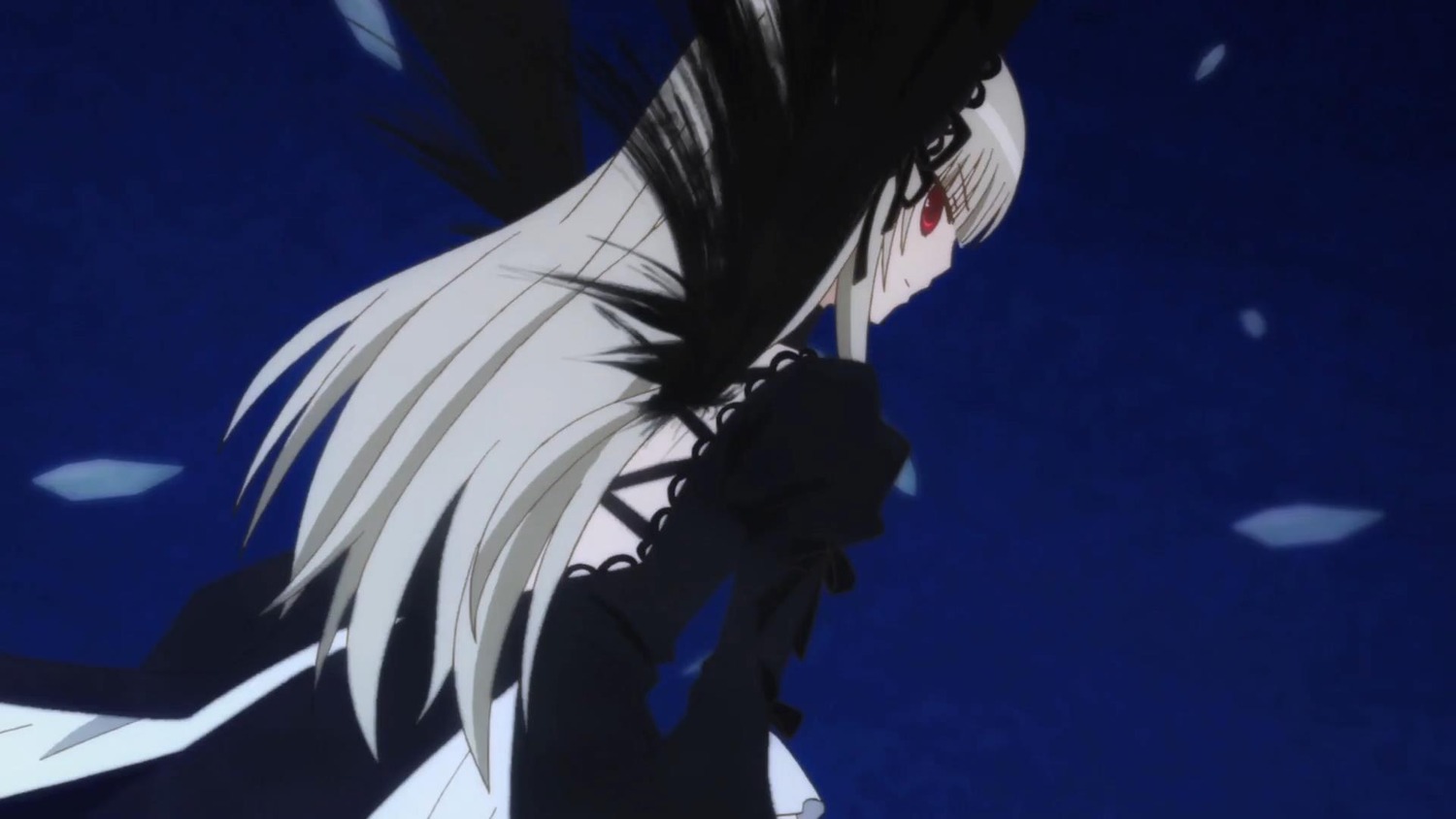 1girl black_dress dress flower frills image long_hair long_sleeves looking_at_viewer looking_back petals red_eyes solo suigintou