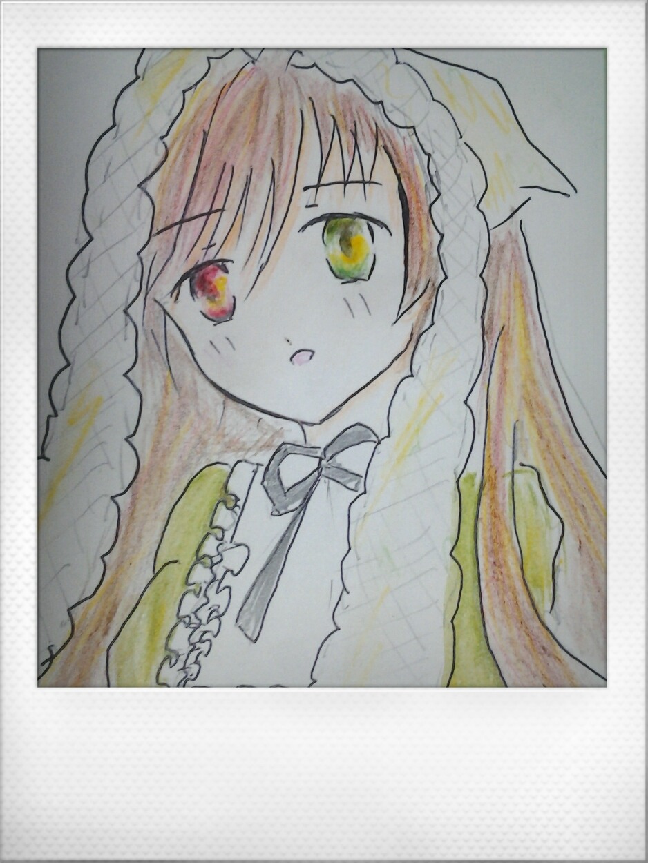 1girl bangs border braid dress eyebrows_visible_through_hair image long_hair looking_at_viewer photo red_eyes simple_background solo suiseiseki traditional_media twin_braids upper_body watercolor_(medium) yellow_eyes