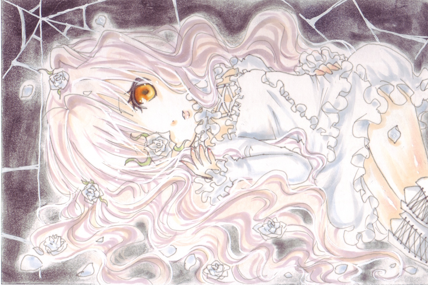 1girl auto_tagged dress eyepatch flower frills image kirakishou long_hair marker_(medium) pink_hair rose solo traditional_media very_long_hair wavy_hair white_flower white_rose yellow_eyes