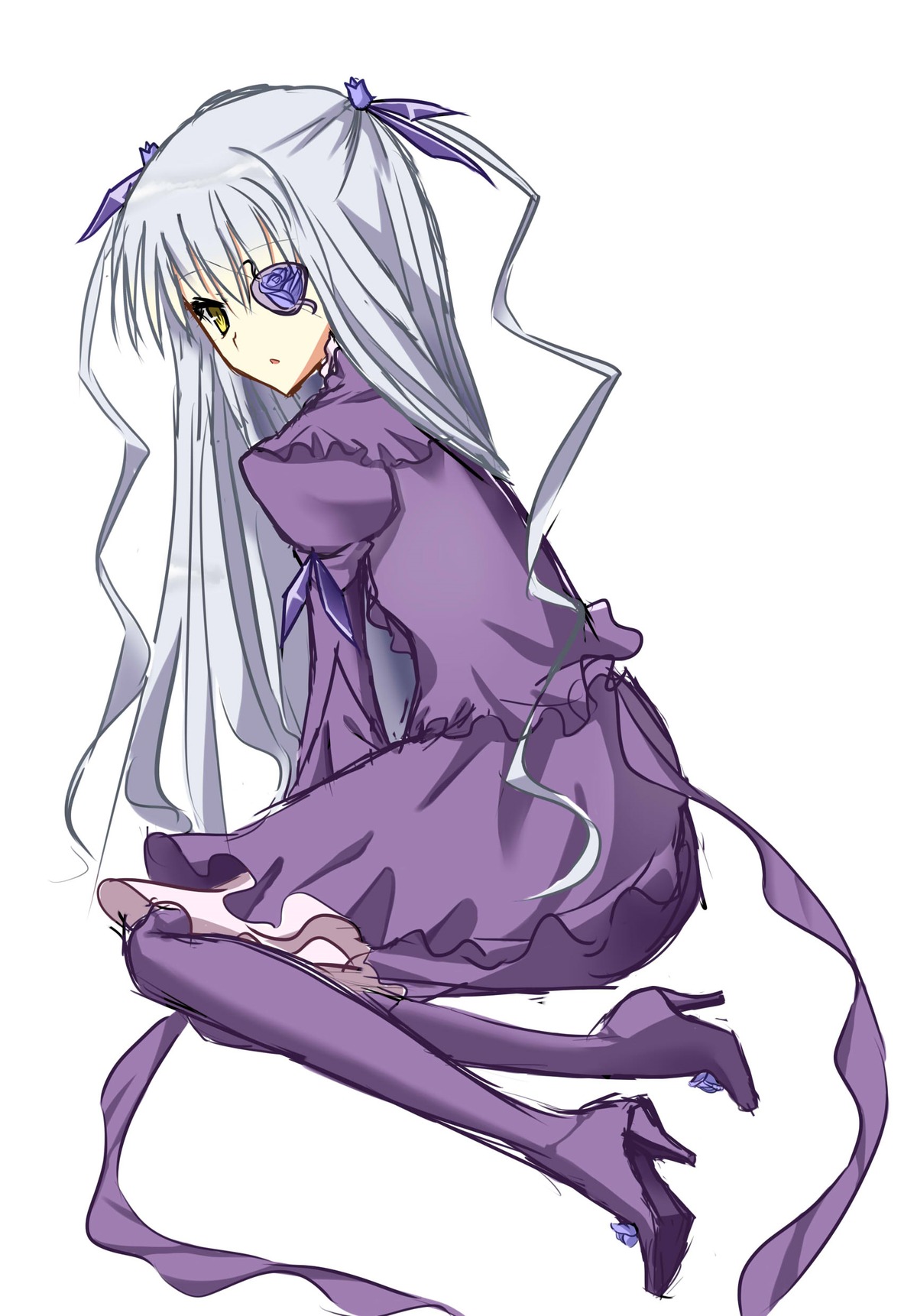 1girl barasuishou boots dress eyepatch frills full_body high_heels image long_hair long_sleeves purple_dress ribbon silver_hair solo very_long_hair yellow_eyes