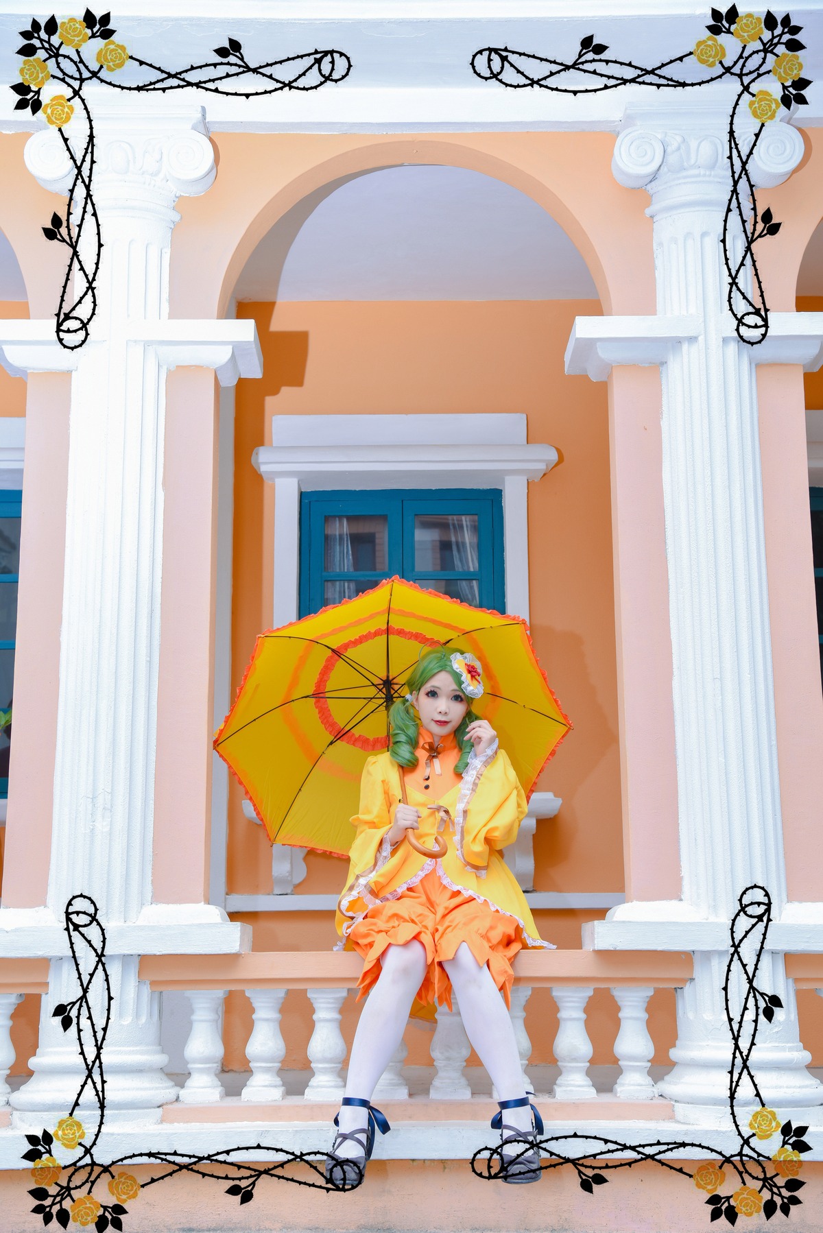 1girl dress flower frills holding_umbrella kanaria parasol sitting solo umbrella white_legwear