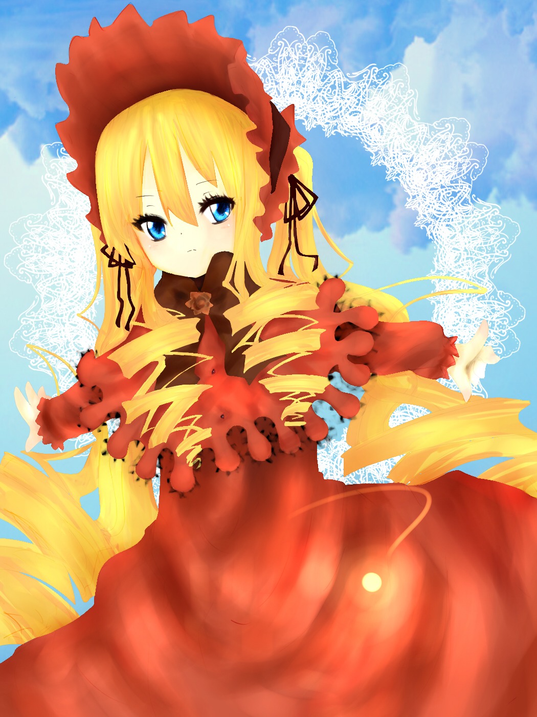 1girl blonde_hair blue_eyes blue_sky bonnet cloud day dress drill_hair flower image long_hair long_sleeves looking_at_viewer outdoors red_dress shinku sky solo very_long_hair