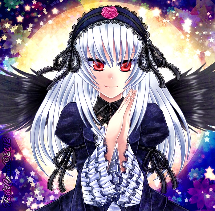 1girl black_wings cross dress flower frills hairband image long_hair long_sleeves looking_at_viewer marker_(medium) red_eyes rose shikishi silver_hair smile solo star_(symbol) starry_background suigintou traditional_media wings