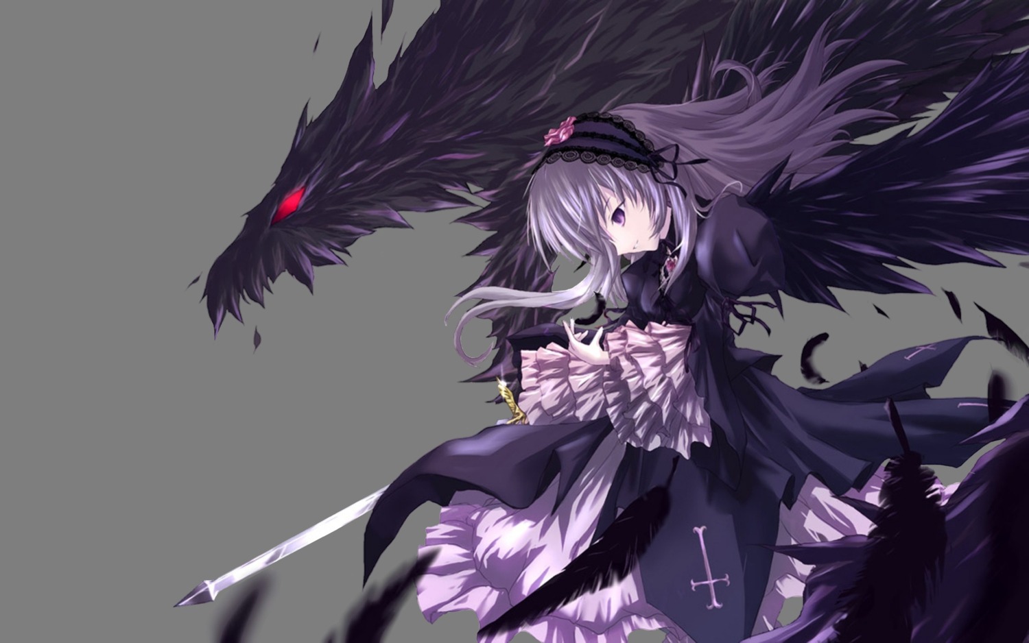 1girl black_wings dress feathers frills hairband image lolita_hairband long_hair long_sleeves purple_eyes ribbon solo suigintou wings