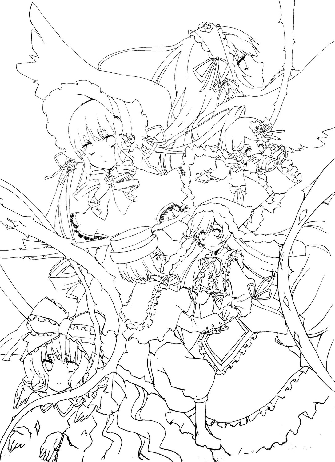 6+girls bonnet bow dress flower frills greyscale hat image long_hair long_sleeves monochrome multiple multiple_girls ribbon shinku short_hair smile suigintou suiseiseki tagme twintails very_long_hair wings