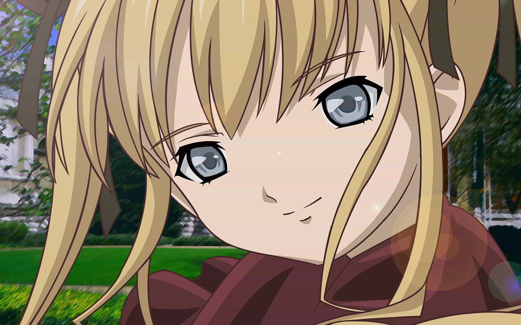 1girl blonde_hair blue_eyes blush close-up day face forest grass image looking_at_viewer nature outdoors shinku sky smile solo tree twintails