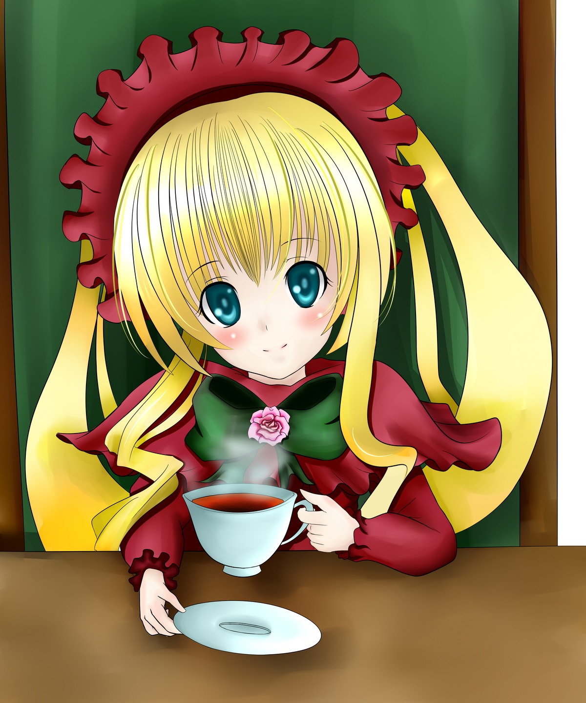 1girl blonde_hair blue_eyes blush bonnet bow cup flower holding_cup image long_hair long_sleeves looking_at_viewer pink_rose rose saucer shinku sidelocks sitting smile solo table tea teacup twintails